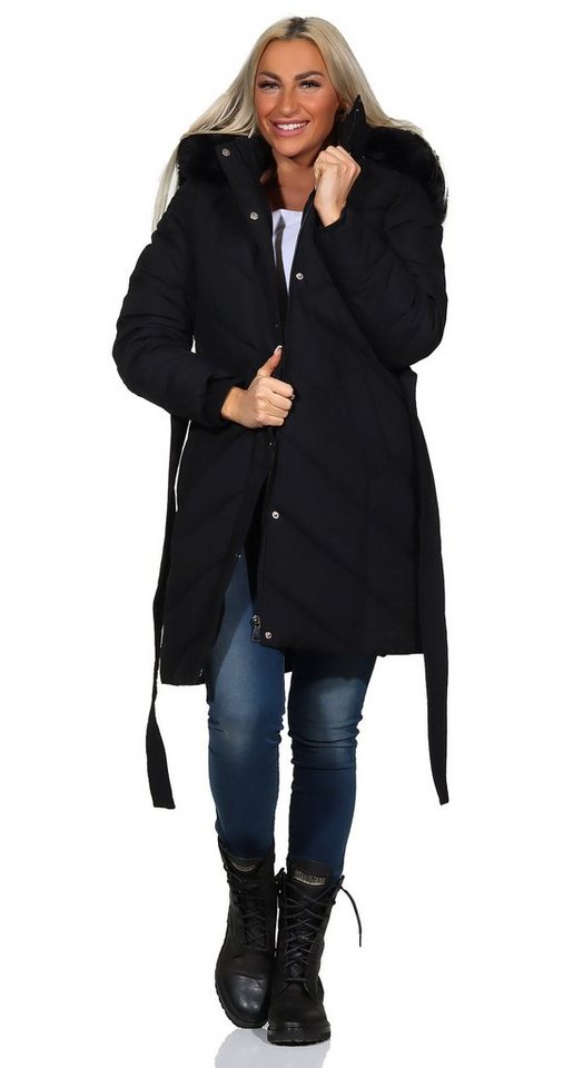 Aurela Damenmode Kurzmantel Steppmantel Damen Mantel diagonal gesteppt mit Bindegürtel mit abnehmbarer Kapuze, und weichem Teddyfutter von Aurela Damenmode