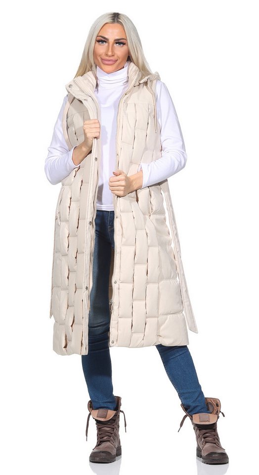 Aurela Damenmode Longweste Damen Steppweste mit Schlaufen-Steppung abnehmbare Kapuze, mit Bindegürtel von Aurela Damenmode