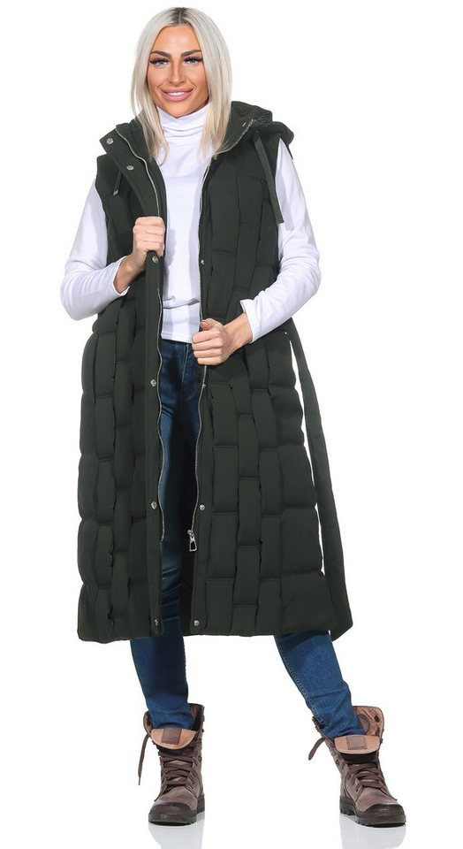 Aurela Damenmode Longweste Damen Steppweste mit Schlaufen-Steppung abnehmbare Kapuze, mit Bindegürtel von Aurela Damenmode