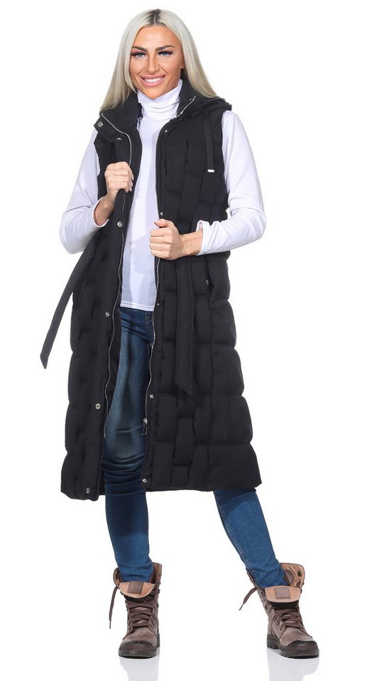 Aurela Damenmode Longweste Damen Steppweste mit Schlaufen-Steppung abnehmbare Kapuze, mit Bindegürtel von Aurela Damenmode
