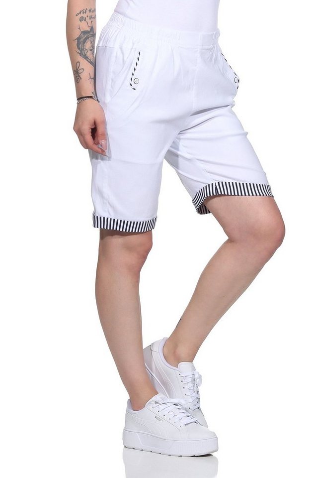 Aurela Damenmode Shorts Bermuda Maritime Damen Sommer Shorts Strandbermuda auch in großen Größen erhältlich, mit elastischem Bund, mit maritimen Details von Aurela Damenmode