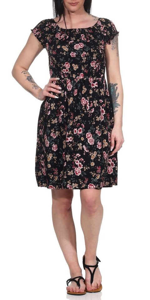 Aurela Damenmode Sommerkleid Freizeitkleid für Damen Sommerkleid kurz luftig & leicht mit Blumendruck und Raffung im Brust-/Taillenbereich von Aurela Damenmode