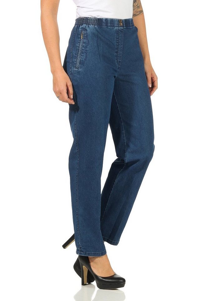 Aurela Damenmode Straight-Jeans Stretch Jeans Damen Schlupfhose Kurzgröße Jeanshose Denim Größe 36 bis 54, bequemer Gummizug, leichtes an- und ausziehen von Aurela Damenmode