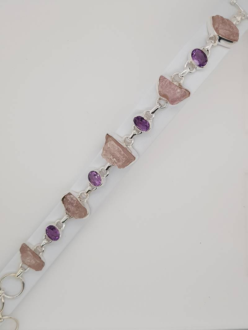 Amethyst Morganit Rohedelsteine Sterling Silber Armband von AureliaEdelsteine1