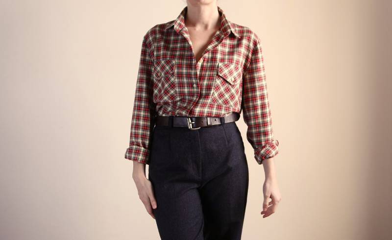 Vintage Kariertes Hemd, Rot Kariertes Button-Down-Baumwollhemd von Aureliavtg