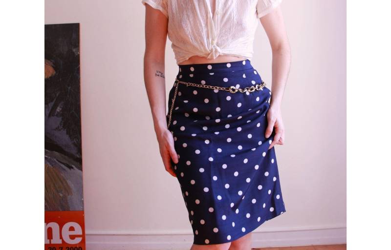 Vintage Polka Dot Blauer Rock, Kleiner Bleistiftrock von Aureliavtg