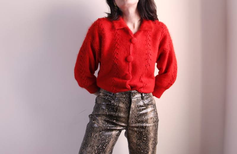 Vintage Roter Strickpullover, Angora Wollpullover, Perlenwollpullover von Aureliavtg