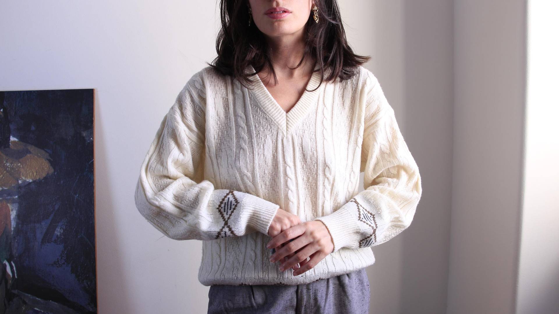 Vintage Weißer Strickpullover, Pullover Aus Wolle Mit V-Ausschnitt von Aureliavtg