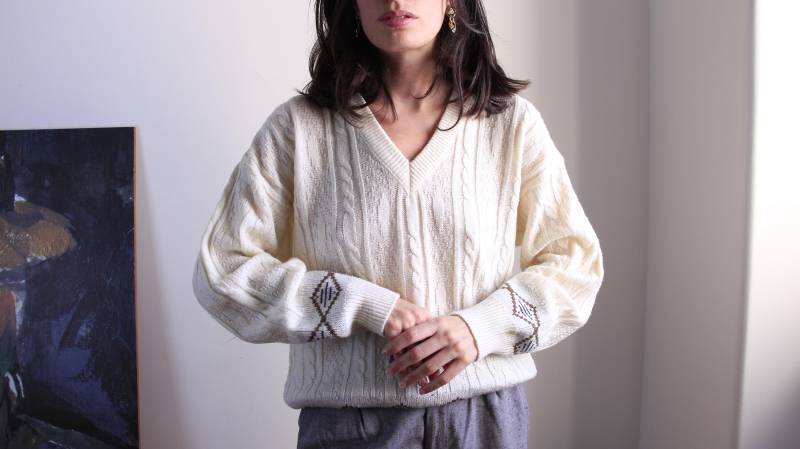 Vintage Weißer Strickpullover, Pullover Aus Wolle Mit V-Ausschnitt von Aureliavtg