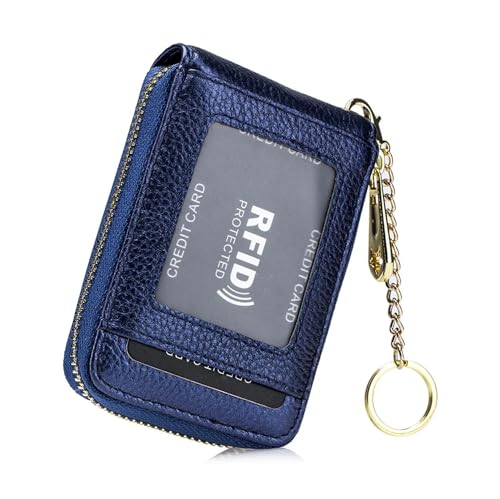 AurexaFashion Damen Ausweishülle aus echtem Leder, minimalistische Geldbörse mit Schlüsselanhänger. RFID Blocking 12 Kreditkartenetui Geldbörse, #7 Dunkelblau, 4.3" X 3" x 0.7" Minimalist von AurexaFashion