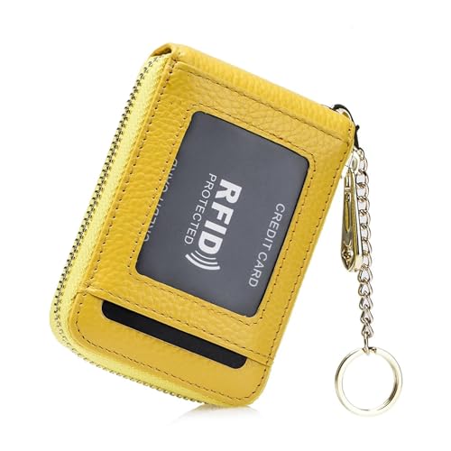 AurexaFashion Damen Ausweishülle aus echtem Leder, minimalistische Geldbörse mit Schlüsselanhänger. RFID Blocking 12 Kreditkartenetui Geldbörse, #8 Gelb, 4.3" X 3" x 0.7" Minimalist, Kreditkartenetui von AurexaFashion