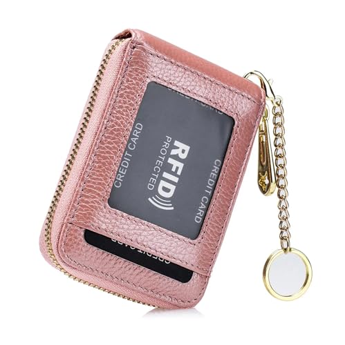 AurexaFashion Damen Ausweishülle aus echtem Leder, minimalistische Geldbörse mit Schlüsselanhänger. RFID Blocking 12 Kreditkartenetui Geldbörse, Nr. 3 Pink, 4.3" X 3" x 0.7" Minimalist, von AurexaFashion