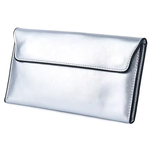 AurexaFashion Damen-Geldbörse aus echtem Leder, schmal, mit abnehmbarem Kartenhalter, Magnetverschluss, Handyhalterung, Clutch, #09 Silber, Schlanke Umschlagtasche von AurexaFashion