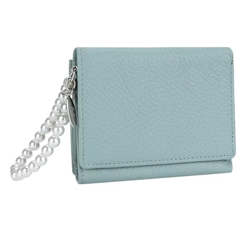 AurexaFashion Dreifach gefaltete Geldbörse aus echtem Leder für Damen, Münzgeldbörse, Ausweishülle mit Handschlaufe, #05 Hellblau, Short; 4.33" x 3.34" x 1.18", Dreifach gefaltete Damengeldbörse mit von AurexaFashion
