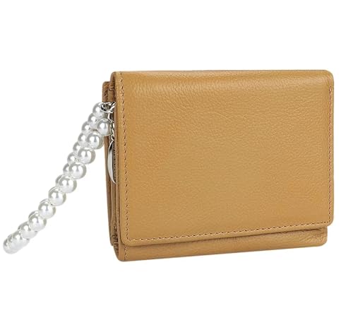 AurexaFashion Dreifach gefaltete Geldbörse aus echtem Leder für Damen, Münzgeldbörse, Ausweishülle mit Handschlaufe, #06 Caramel, Short; 4.33" x 3.34" x 1.18", Dreifach gefaltete Damengeldbörse mit von AurexaFashion