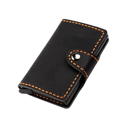 AurexaFashion Echtes Leder Fronttasche Brieftasche Kartenhalter für Herren mit Schnappverschluss, Metall Pop Up Kartenhalter Case, Crazy Horse Leder Minimalistische RFID-Blockierung, #01 Schwarz von AurexaFashion