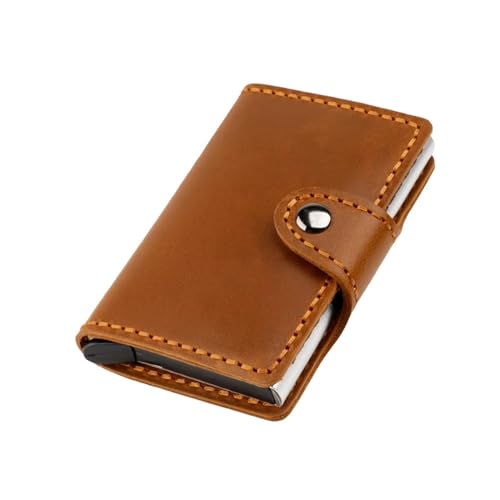 AurexaFashion Echtes Leder Fronttasche Brieftasche Kartenhalter für Herren mit Schnappverschluss, Metall Pop Up Kartenhalter Case, Crazy Horse Leder Minimalistische RFID-Blockierung, #02 Caramel von AurexaFashion
