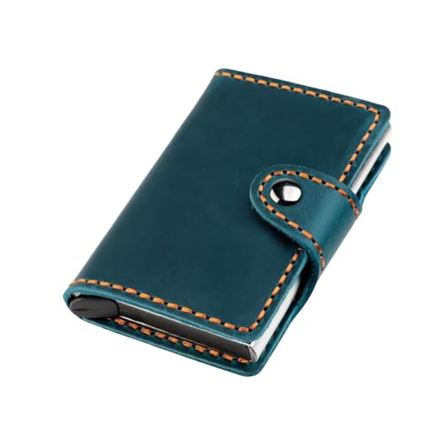 AurexaFashion Echtes Leder Fronttasche Brieftasche Kartenhalter für Herren mit Schnappverschluss, Metall Pop Up Kartenhalter Case, Crazy Horse Leder Minimalistische RFID-Blockierung, #05 Blau von AurexaFashion