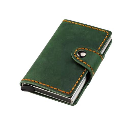 AurexaFashion Echtes Leder Fronttasche Brieftasche Kartenhalter für Herren mit Schnappverschluss, Metall Pop Up Kartenhalter Case, Crazy Horse Leder Minimalistische RFID-Blockierung, #06 Grün von AurexaFashion