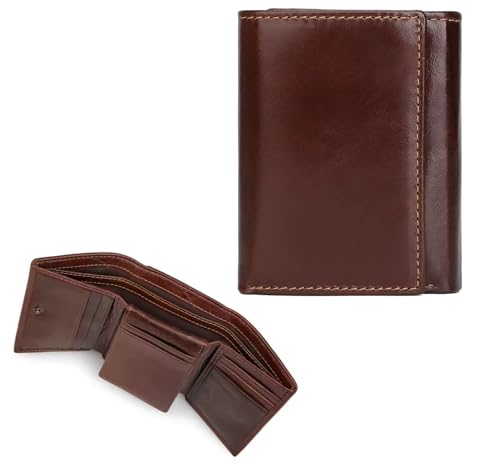 AurexaFashion Echtes Leder kurze dreifach gefaltete Geldbörse für Herren, RFID-Blockierung, Schnappverschluss, 11 Kartenfächer, 2 Ausweisfenster., #03 Mahagoni, 4.3" x 3.1" Short, Dreifach gefaltete von AurexaFashion