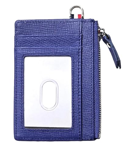 AurexaFashion Echtes Saffiano-Leder vorne Pokcet Slim Minimalistische Geldbörse ID Badge RFID Kartenetui mit Reißverschlusstasche, A02 Ausweishülle Königsblau, 4.85" x 3.4", Ausweishülle Slim Mini von AurexaFashion
