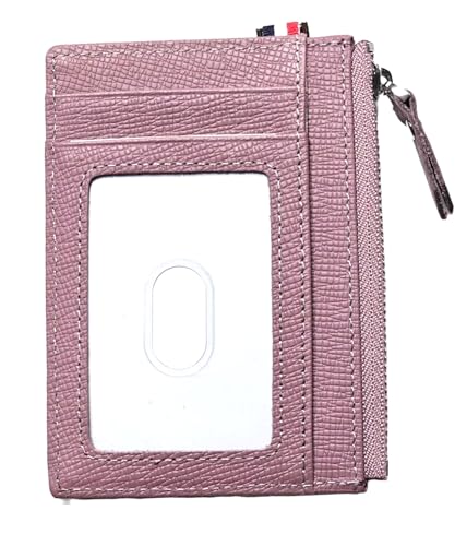AurexaFashion Echtes Saffiano-Leder vorne Pokcet Slim Minimalistische Geldbörse ID Badge RFID Kartenetui mit Reißverschlusstasche, A05 Ausweishülle Mauve, 4.85" x 3.4", Ausweishülle Slim Mini Wallet von AurexaFashion