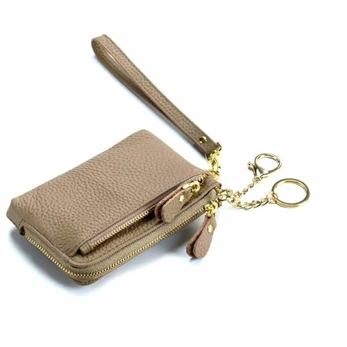 Damen Geldbörse aus echtem Leder mit Handschlaufe. Kleine Geldbörse mit 3 Reißverschlüssen und 3 Kreditkartenfächern, #14 Khaki, 5.25" x 3.75" x 0.75", Einfarbige Mini-Brieftasche von AurexaFashion