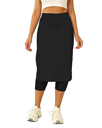 Aurgelmir Damen-Tennisrock mit Capri-Leggings, knielang, athletisch, lange Röcke für Damen, mit Taschen, Schwarz, Groß von Aurgelmir