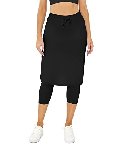 Damen Tennisrock mit integrierten Capri-Leggings, Taschen, knielang, Skorts, Röcke, Golfröcke für Wandern, Sport, schwarz, XX-Large von Aurgelmir