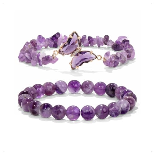 Auriselle 1 Set Damen Herren Echtes Natursteinarmband mit Runden 8-mm-Perlen Schmetterlingsanhänger Elastisches Spirituelles Kristallperlenarmband zur Linderung von Angstzuständen, Lila von Auriselle