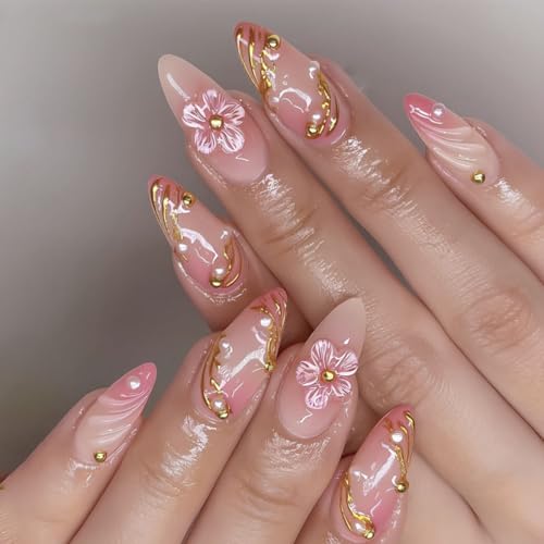 Auriselle 24 Stück 12 Größen Nails Press on Nails Set 3D-Blumen French Goldperle Mandel Nageltips zum Aufkleben Long Fake Kunstnägel Künstliche Nägel Aufkleben Hochzeiten Partys Alltag Frauen, Rosa von Auriselle