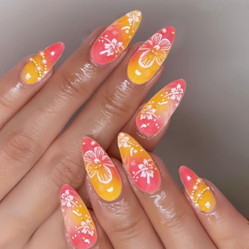 Auriselle 24 Stück 12 Größen Nails Press on Nails Set 3D-Blumen French Goldperle Mandel Nageltips zum Aufkleben Long Fake Kunstnägel Künstliche Nägel Aufkleben Hochzeiten Partys Alltag Frauen, Golden von Auriselle