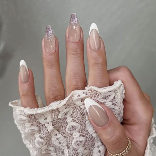 Auriselle 24 Stück 12 Größen Nails Press on Nails Set French Weißem Rand Glitzer Mandel Nail Tips Nageltips zum Aufkleben Kunstnägel Künstliche Nägel Aufkleben Hochzeiten Partys Alltag Frauen, Rosa von Auriselle