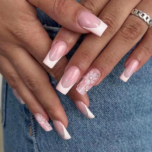 Auriselle 24 Stück 12 Größen Nails Press on Nails Set French Weißer Rand Blumen Kleinen Strassstein Square Nail Tips Nageltips zum Aufkleben Fake Kunstnägel Künstliche Nägel Aufkleben Frauen, Rosa von Auriselle