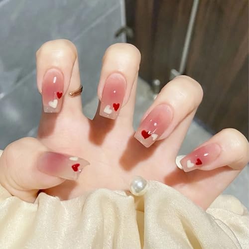 Auriselle 24 Stück 12 Größen Nails Press on Nails Set Gradual Heart Sargform Nagelform Nail Tips Nageltips zum Aufkleben Fake Long Kunstnägel Künstliche Nägel Hochzeiten Partys Alltag Frauen, Rosa von Auriselle