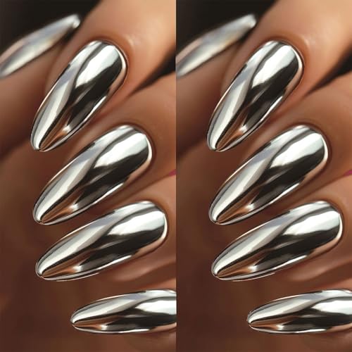 Auriselle 24 Stück 12 Größen Nails Press on Nails Set Rauchgraues Metallic-Design mit Spiegelglanz Mandel Nail Tips Nageltips zum Aufkleben Fake Long Kunstnägel Künstliche Nägel Partys Frauen, Grau von Auriselle
