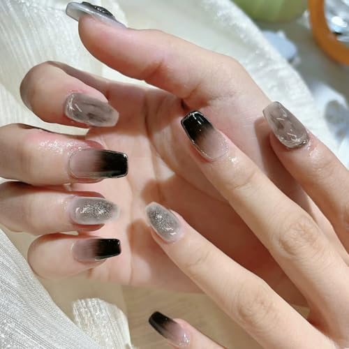 Auriselle 24 Stück 12 Größen Nails Press on Nails Set Schwarz mit feinem Glanz und Farbverlauf Sargform Nail Tips Nageltips zum Aufkleben Fake Long Kunstnägel Künstliche Nägel Partys Frauen, Schwarz von Auriselle