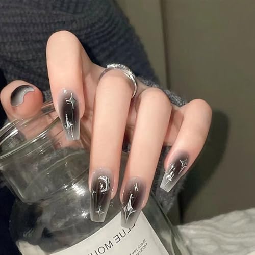 Auriselle 24 Stück 12 Größen Nails Press on Nails Set Schwarzes Design mit Farbverlauf Stern-Mond-Motiv Sargform Nail Tips Nageltips zum Aufkleben Long Kunstnägel Künstliche Partys Frauen, Schwarz von Auriselle