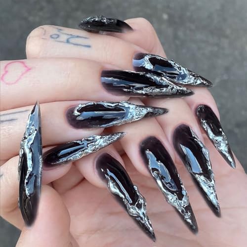 Auriselle 24 Stück 12 Größen Nails Press on Nails Set Schwarzes Langes Spitzes Modell Silberfarbenes Unregelmäßiges Muster Tips Nageltips zum Aufkleben Kunstnägel Künstliche Nägel Frauen, Schwarz von Auriselle