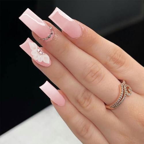 Auriselle 24 Stück Press on Nails Falsche Nägel Aufkleben, Künstliche Fingernägel, French 3D Blumen Lang Quadrat Glänzend mit Strasssteinen für Frauen, mit Soft Gel, Orange-Weiß Verlauf von Auriselle