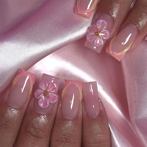 Auriselle 24 Stück Press on Nails Falsche Nägel Aufkleben, Künstliche Fingernägel, French 3D Blumen Quadratisch Glänzend Vollständige Abdeckung für Frauen, mit Soft Gel, Rosa-Weiß Verlauf von Auriselle