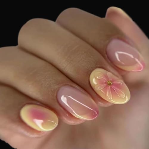 Auriselle 24 Stück Short Mandel Press on Nails, Kunstnägel zum Aufkleben Yellow French Tip, 3D Blumen Nägel Wiederverwendbar French Nails Geburtstagsgeschenk für Frauen und Mädchen von Auriselle