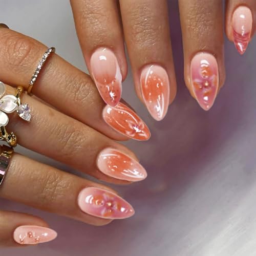 Auriselle 30 Stück 15 Größen Nails Press on Nails Set 3D-Blumen French Goldperle Mandel Nageltips zum Aufkleben Long Fake Kunstnägel Künstliche Nägel Aufkleben Hochzeiten Partys Alltag Frauen, Orange von Auriselle