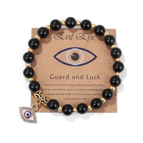 Auriselle Armband aus echtem Naturstein für Damen und Herren mit 8 mm großen runden Perlen Wolfsaugenanhänger Elastisches Armband aus Kristallperlen mit Erläuterungskarte, A von Auriselle