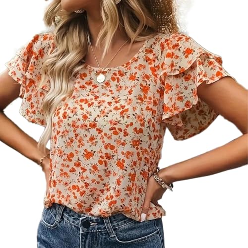 Auriselle Bluse Kurzarm Damen Sommer, Blumen Rundhals Rüschen Kurze Ärmel Blusenshirt Hemdbluse Sommerbluse Leicht Bequem Vintage Elegant Flowy Loose Freizeit Oberteil T Shirt Outfit, Orange, M von Auriselle