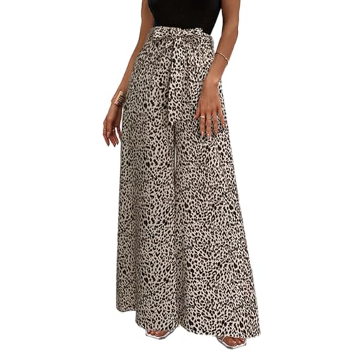 Auriselle Damen Ausgestellte Hose Sommer, Wide Leg Leopard Print Weites Bein High Waist Stretch-Taille Bogenknoten-Gürtel Baggy Luftige Flowy Loose Hosen Sommerhose Leicht Bequem Elegant, Braun, S von Auriselle