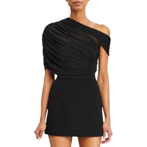 Auriselle Damen Mesh Patchwork Figurbetontes Minikleid Asymmetrischem Ausschnitt A-Linie Wickelkleider Falten Kurzarm Stretch Party Club Kurzes Bodycon Slim Fit Sommerkleid, Schwarz, L von Auriselle