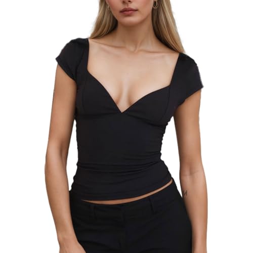 Auriselle Damen Oberteil Tief Ausgeschnittenes Y2K Top Herzförmigem Ausschnitt T-Shirt Kurzarm Slim Fit Sommer Gerippt Cut Out Shirt, Schwarz, M von Auriselle