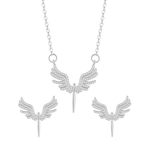 Auriselle Damen Schmuck Set Engelsflügel Halskette Ohrringe 2 Stück Frauen Schmuck mit Strassfassung Hochzeit Geschenke für Ladies, Silber von Auriselle