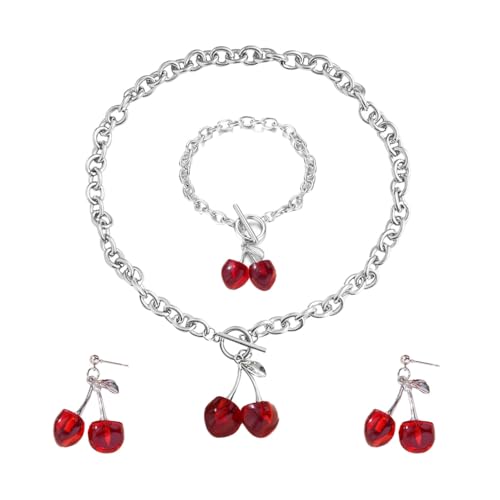 Auriselle Damen Schmuck Set Schwarz Kirsche Halskette Ohrringe Armband 3 Stück Frauen Acryl Schmuck Hochzeit Geschenke für Ladies, Rot von Auriselle